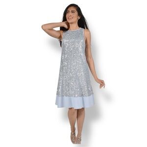 Frank Lyman Blue Silver Sequin Knit Dress Size 8 NWT Style 228242